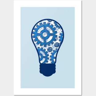 Blue gears light bulb Posters and Art